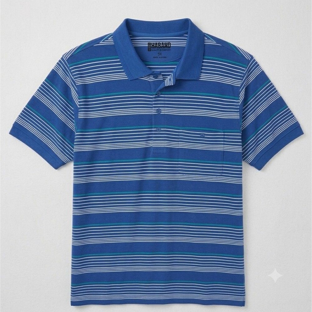 Haband Men's 3XL Blue Striped Short Sleeve Polo Shirt Quality & Comfort Knit